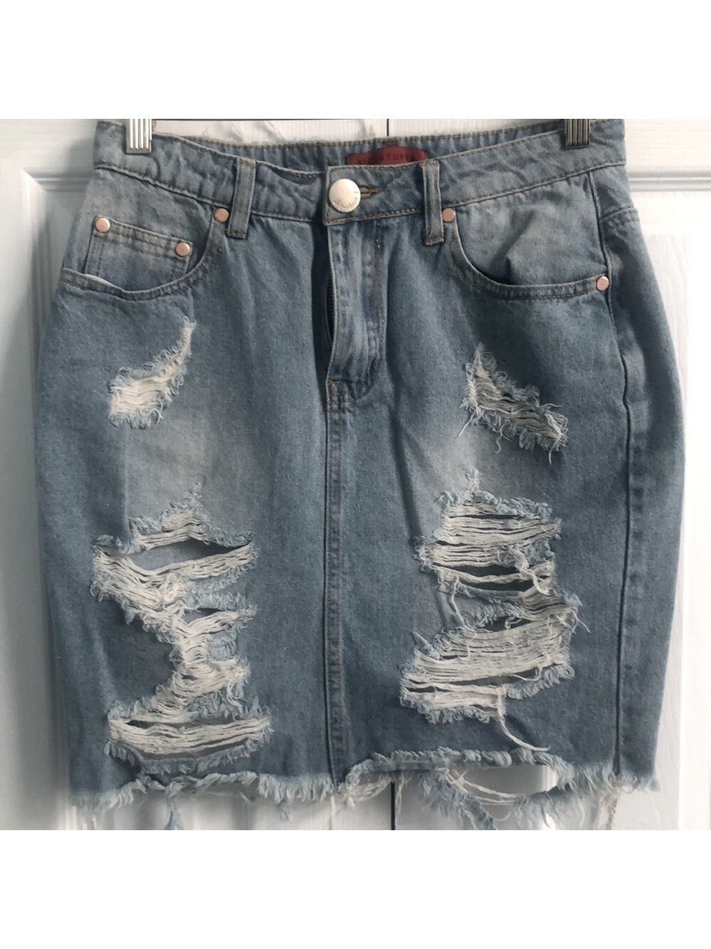 Signature 8 Ripped Distressed Blue Wash Denim Mini Skirt, Size Medium